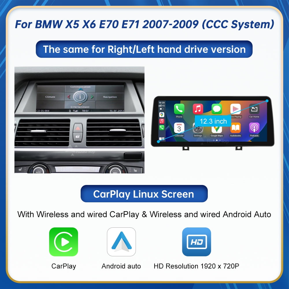 BMW Road Top 12.3" Touch Screen for for BMW X5 X6 E70 E71 2007-2009 with CCC System Wireless Android Auto CarPlay with Bluetooth Mirrorlink Radio Navigation
