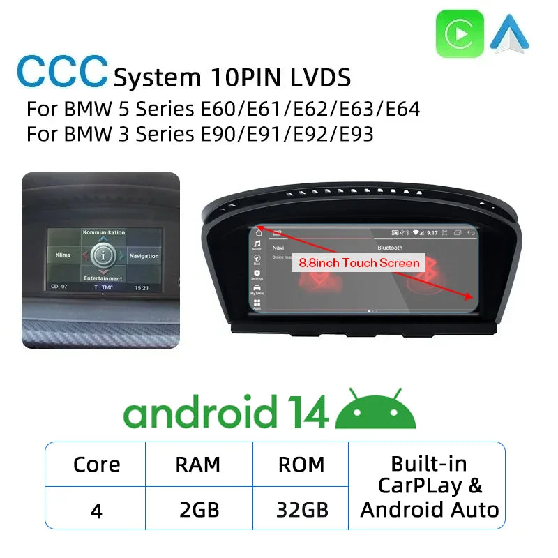 New Android 14 Wireless CarPlay Screen For BMW E60 E61 E62 E63 E90 E91 E92 2005-2012 Car Multimedia Player GPS Radio Navigation