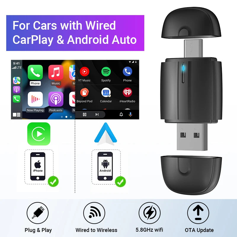 NEW Wireless CarPlay Android Auto Smart Mini Box USB Type-C Plug&Play WiFi Fast Connect Compatible with 98% Cars Carplay Adapter