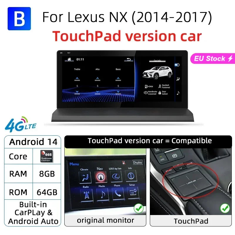 Nunoo Android 14 CarPlay Auto Radio For Lexus NX NX200 NX200T NX300h 2014-2021 Multimedia Navigation GPS DSP 4G WiFi
