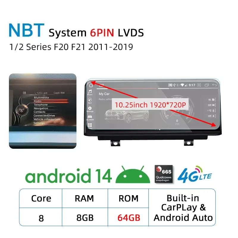 Android 14 Wireless Carplay Auto Radio Touch Screen For BMW 1 2 3 4 Series F20 F21 F22 F30 F31 F32 F33 F34 Multimedia Player GPS
