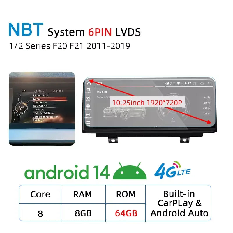 Android 14 Wireless Carplay Auto Radio Touch Screen For BMW 1 2 3 4 Series F20 F21 F22 F30 F31 F32 F33 F34 Multimedia Player GPS