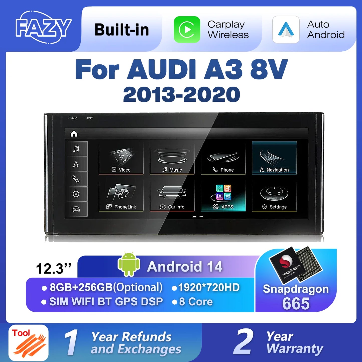 Android 14 Carplay Android Auto Touch Screen For Audi A3 8V 2013-2020 Car Radio Multimedia Player GPS Stereo Navigation DSP WIFI