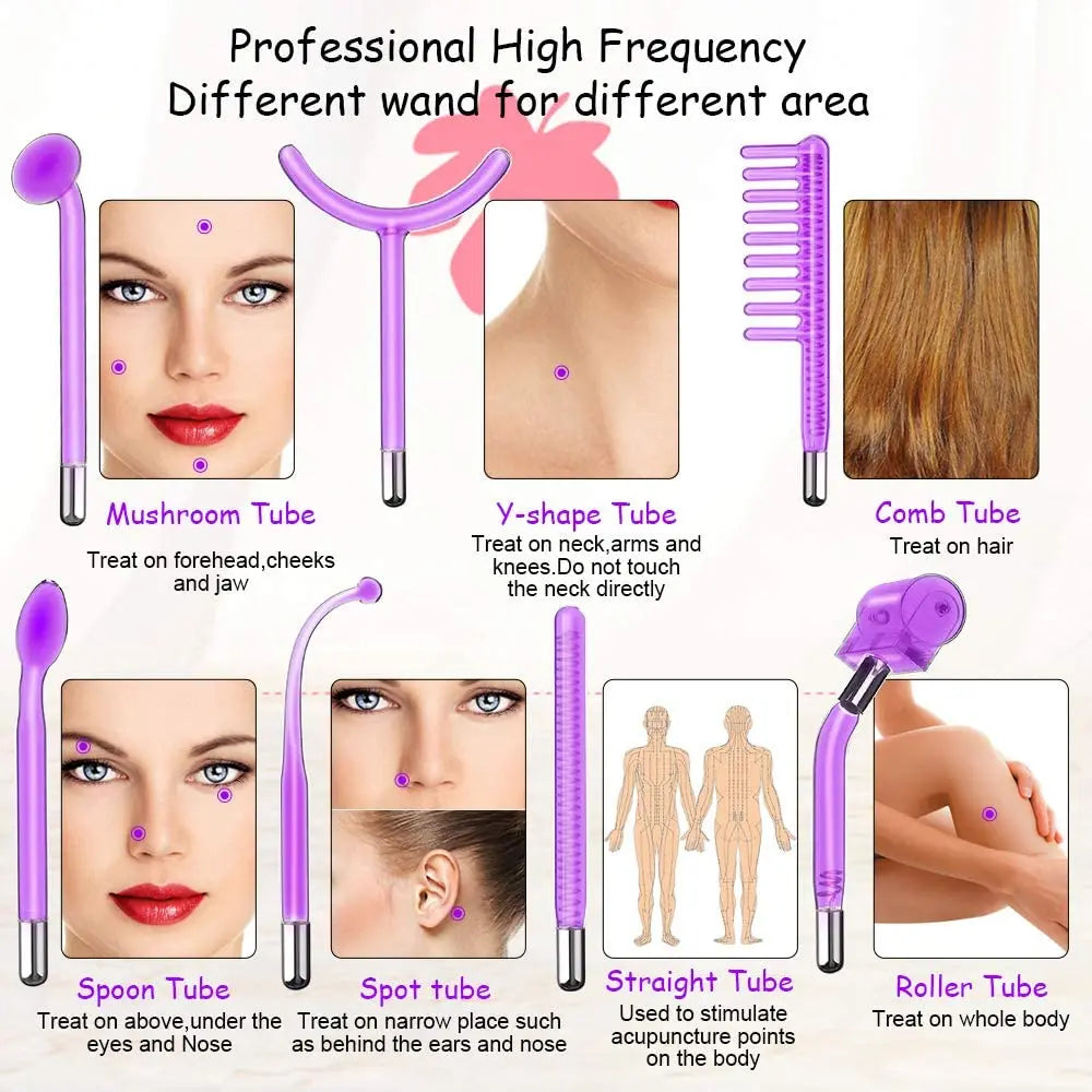 7 in 1 High Frequency Electrotherapy Wand Glass Tube Machine Spot Acne Remover Beauty Tool Face Cleansing Skin Tightening Device