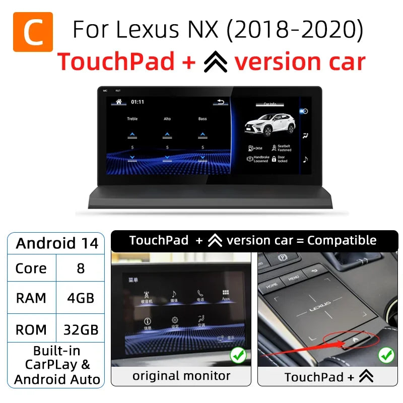 Android 14 8G 128G For Lexus NX NX200 NX200T 300h 2014-2021 Car Radio GPS Navigation Multimedia Player CarPlay Autoradio DSP