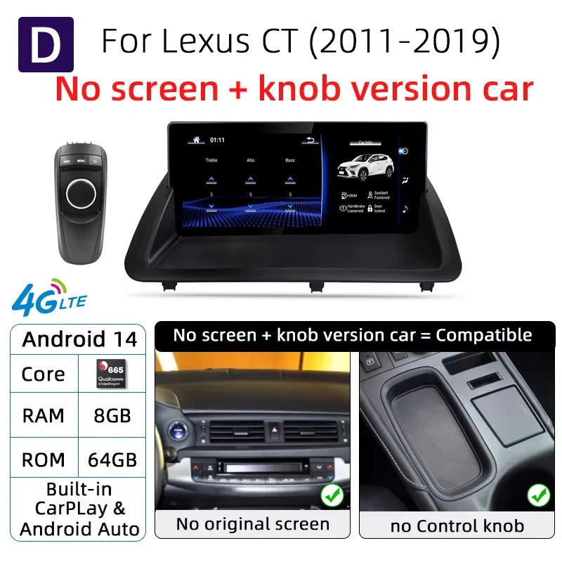 Nunoo Android 14 Car Radio CarPlay Screen For Lexus CT CT200 CT200h 2012-2020 GPS Navigation Snapdragon 8+128G Multimedia Player