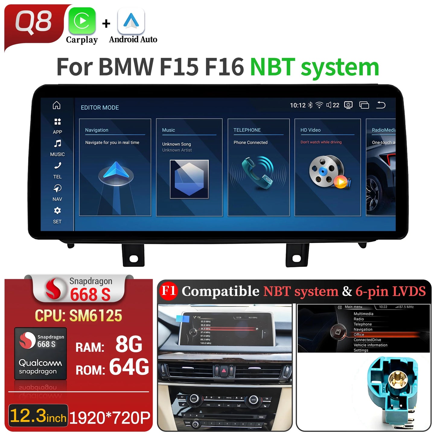12.3 inch Android 14 For BMW X5 F15 X6 F16 2014-2018 Car Radio Wireless Bluetooth Carplay Head Unit Snapdragon 680 Touch Screen