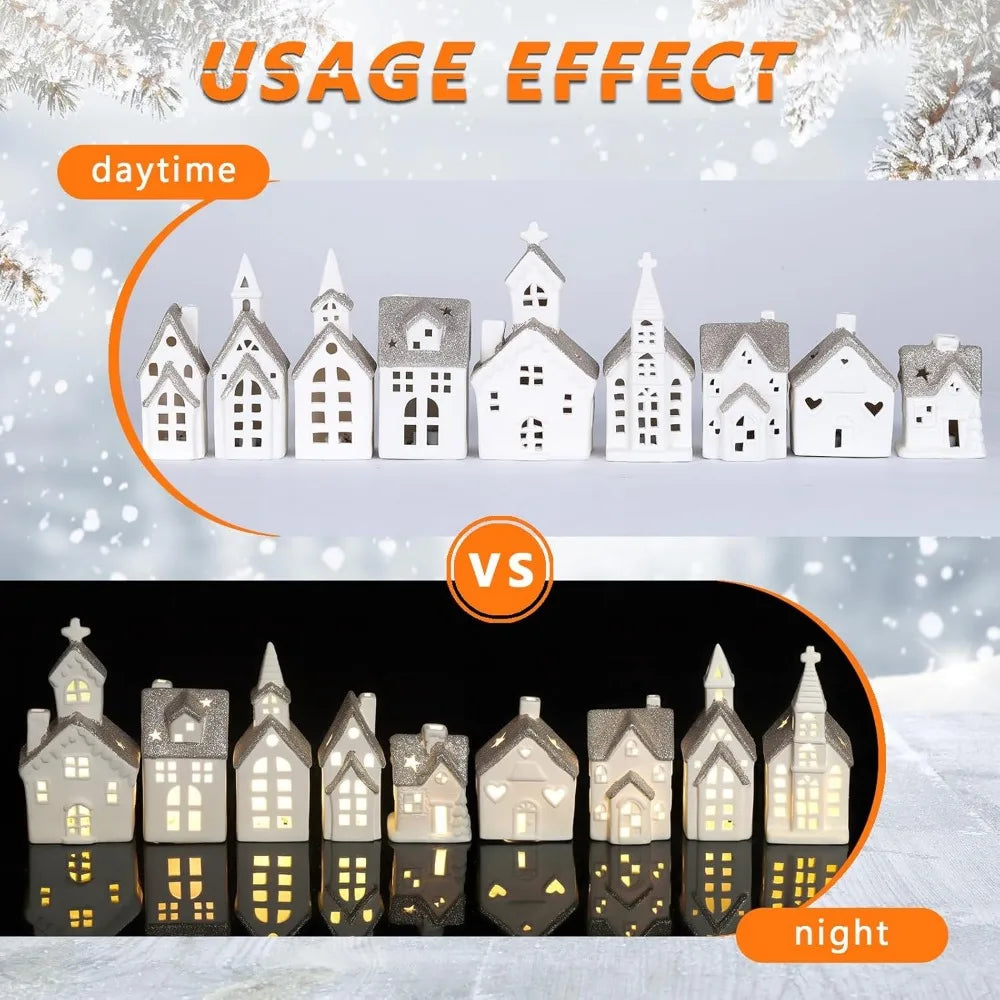28 Piece Ceramic Christmas Village Set, 9 White Christmas Houses, 17 Snow Trees, 2 Retro Christmas Decorations with Lights