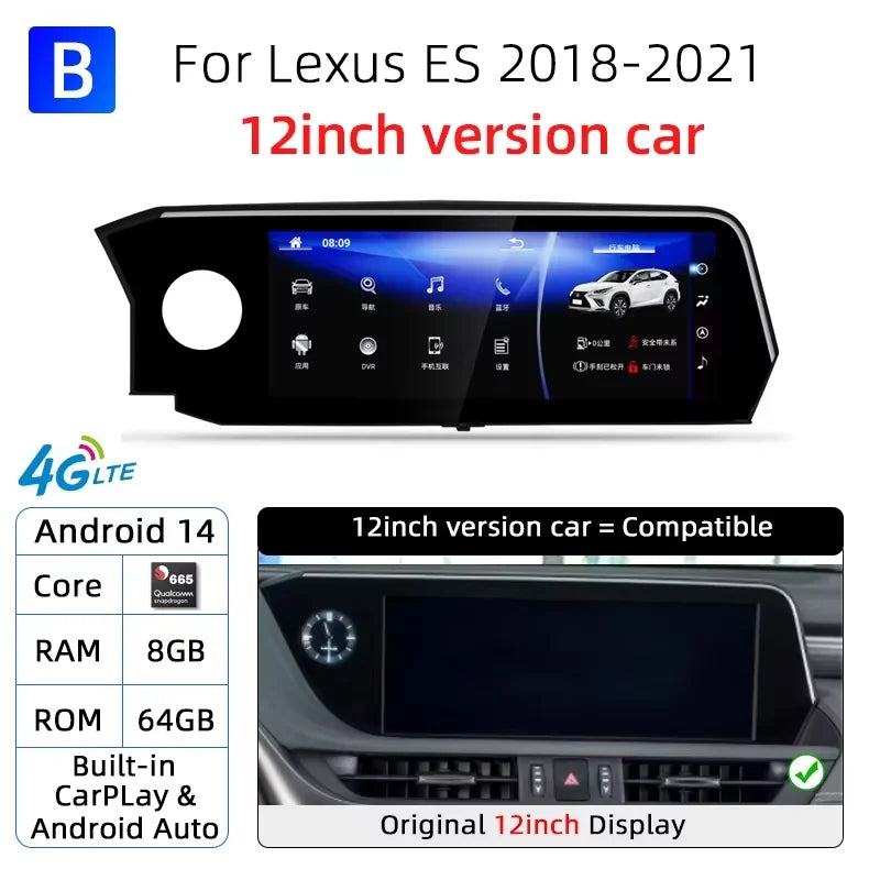 Android 14 Carplay Screen For Lexus ES ES200 ES250 ES350 ES300h 2018-2021 8 Core Multimedia Player Car Monitor Video Navigation