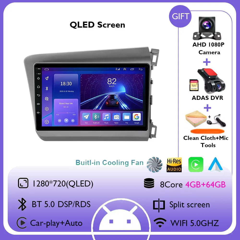 9" Android 14 Car Radio For Honda Civic RHD 2012 2013 2014 2015 Multimedia Player Carplay Auto Stereo GPS Navigation Head Unit