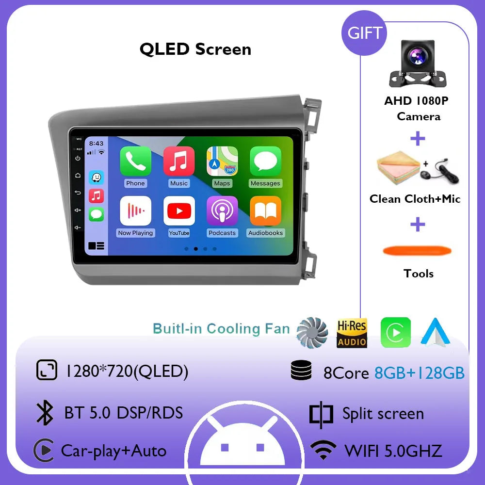 9" Android 14 Car Radio For Honda Civic RHD 2012 2013 2014 2015 Multimedia Player Carplay Auto Stereo GPS Navigation Head Unit