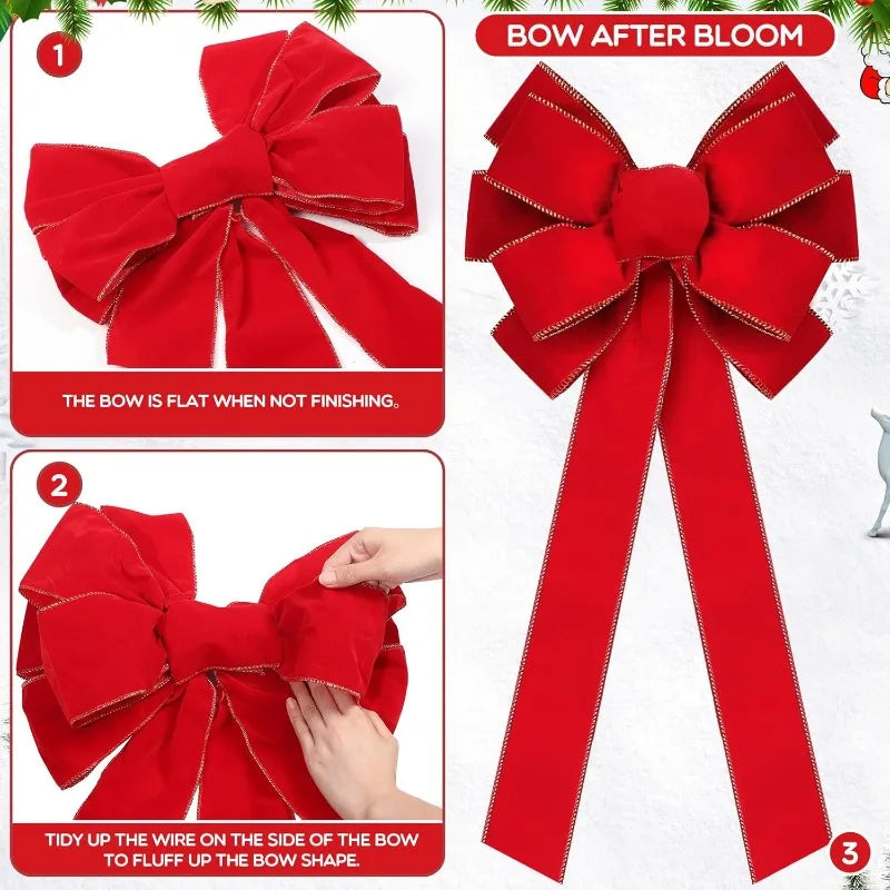 Ribbon Velvet Wreath Bows with Gold Edge Christmas Handmade Tree Topper