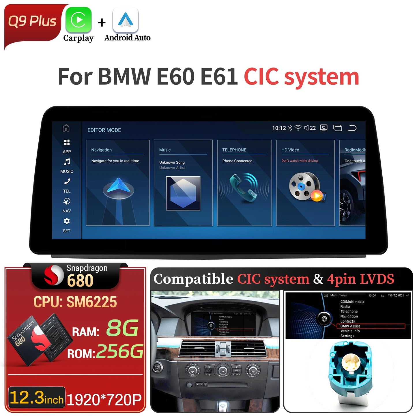 12.3 inch Android 14 For BMW 5 Series E60 E61 2005-2010 Car Radio 4G Wireless BT Carplay Snapdragon 680 Touch Head Unit Screen