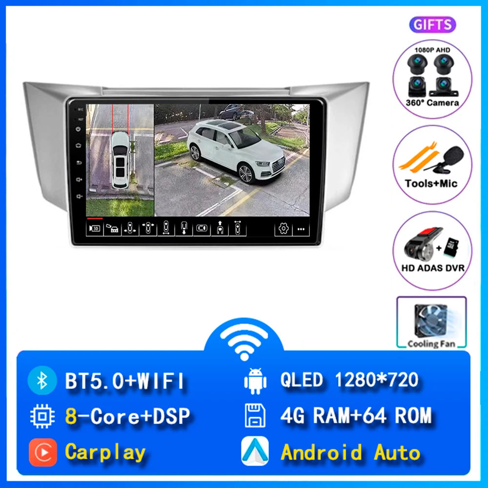 Android 14 wifi+4G Carplay AUTO Car Radio For Lexus RX300 RX330 RX350 RX400H 2003 -2009 Navigation GPS Player Stereo Multimedia