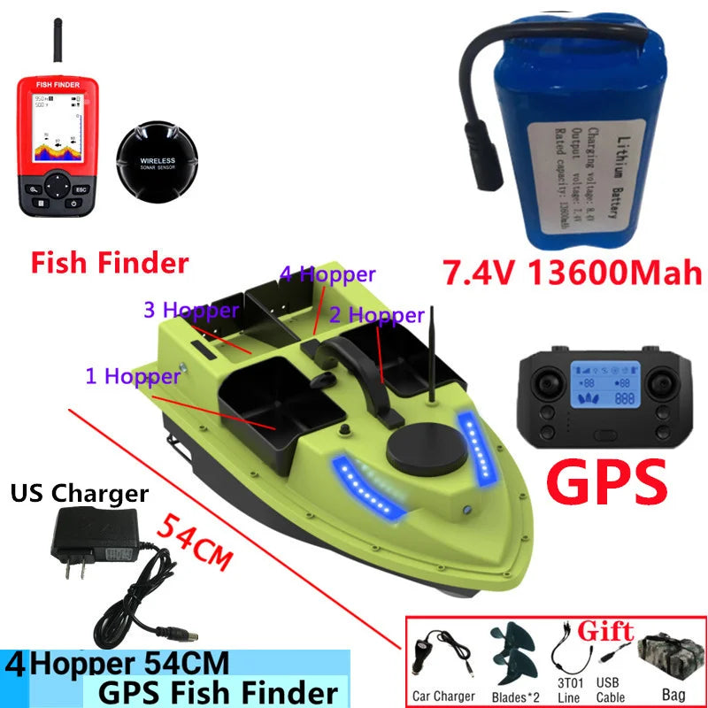 99GPS Smart Cruise Sonar Fish Finder High Speed RC Fishing Boat 4Hopper 600M 3KG Waterproof Lighting Remote Control RC Bait Boat