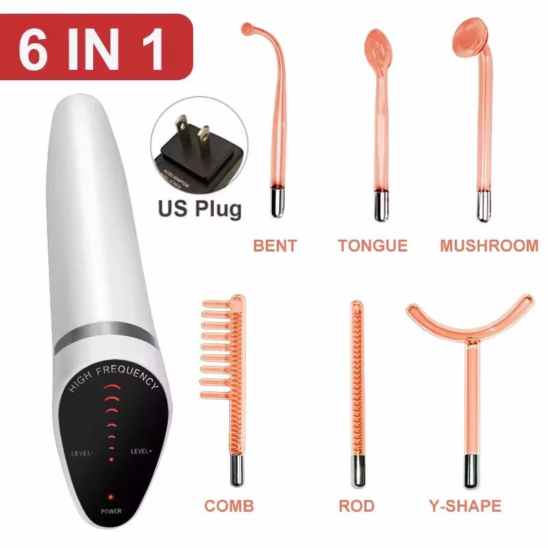 6 IN 1 High Frequency Electrode Wand w/Neon Electrotherapy Glass Tube Spot Acne Remover Skin Care Face Hair Salon Beauty Device