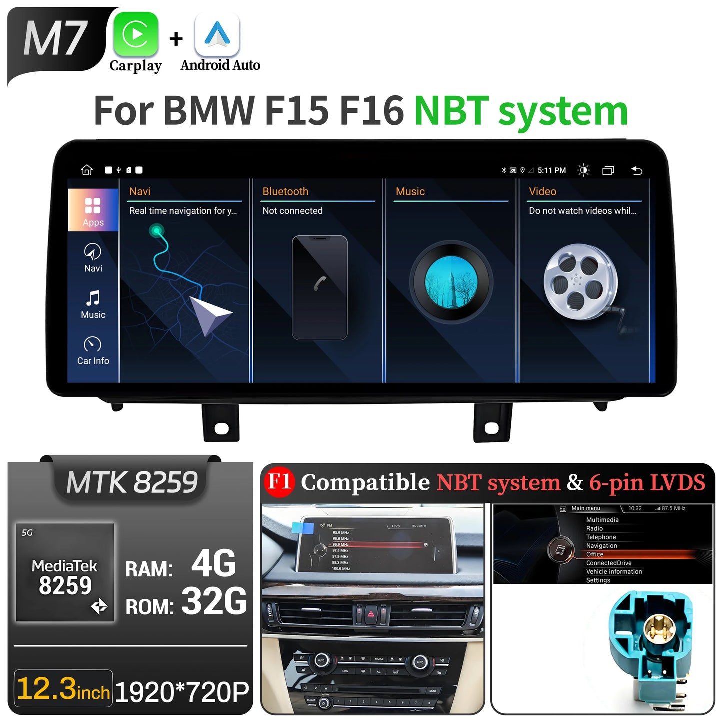 12.3 inch Android 14 For BMW X5 F15 X6 F16 2014-2018 Car Radio Wireless Bluetooth Carplay Head Unit Snapdragon 680 Touch Screen