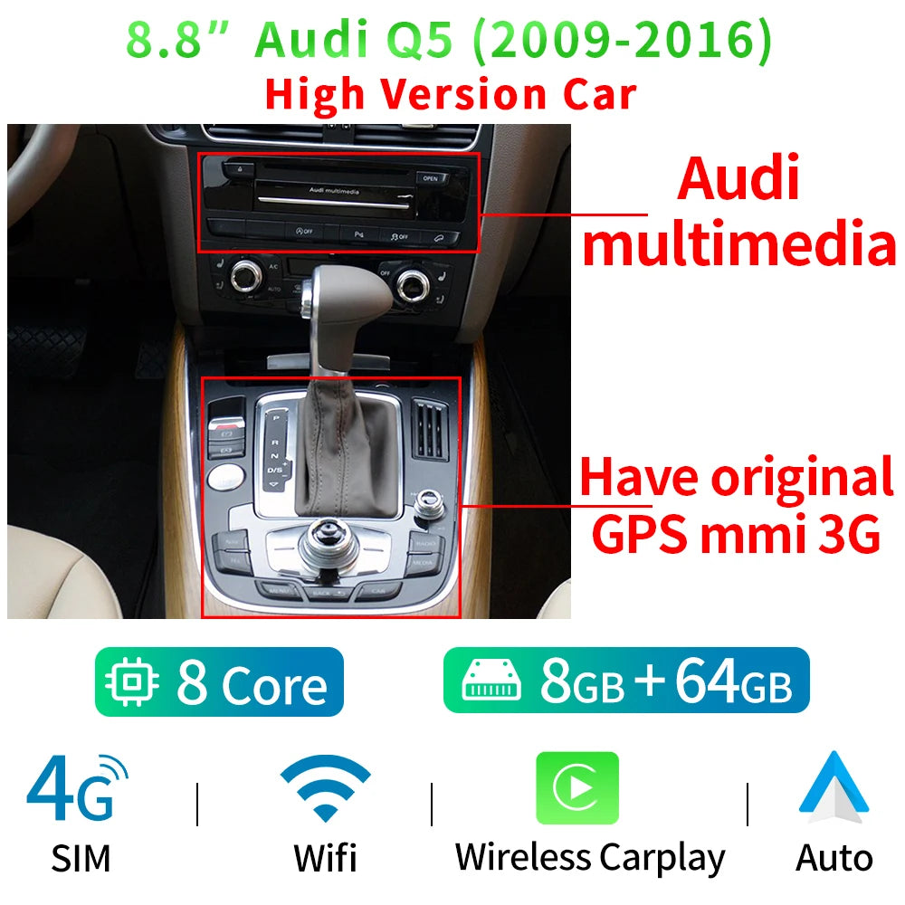8.8 Inch Android 14 Carplay Screen For Audi Q5 2009-2016 BT GPS Navigation Radio WIFI SIM Auto Car Multimedia Stereo