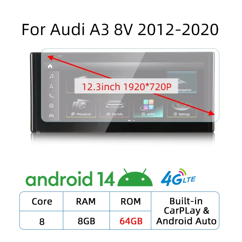 Android 14 Carplay Android Auto Touch Screen For Audi A3 8V 2013-2020 Car Radio Multimedia Player GPS Stereo Navigation DSP WIFI