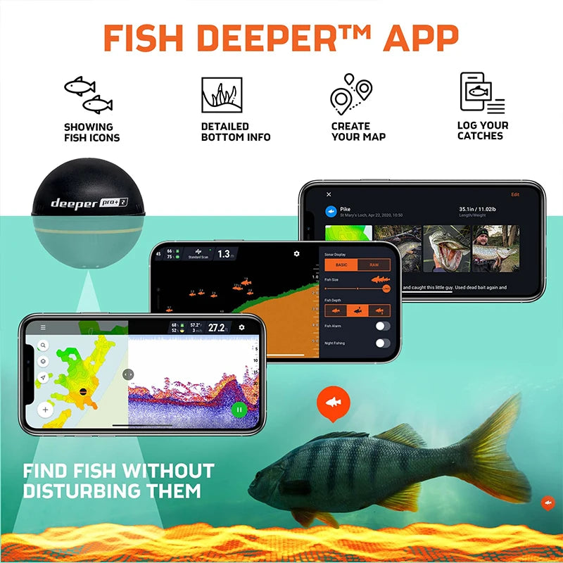 Deeper PRO Plus 2.0 Castable and Portable WiFi Fish Finder Depth Finder for Kayaks Boats on Shore Ice Fishing / Smart Sonar