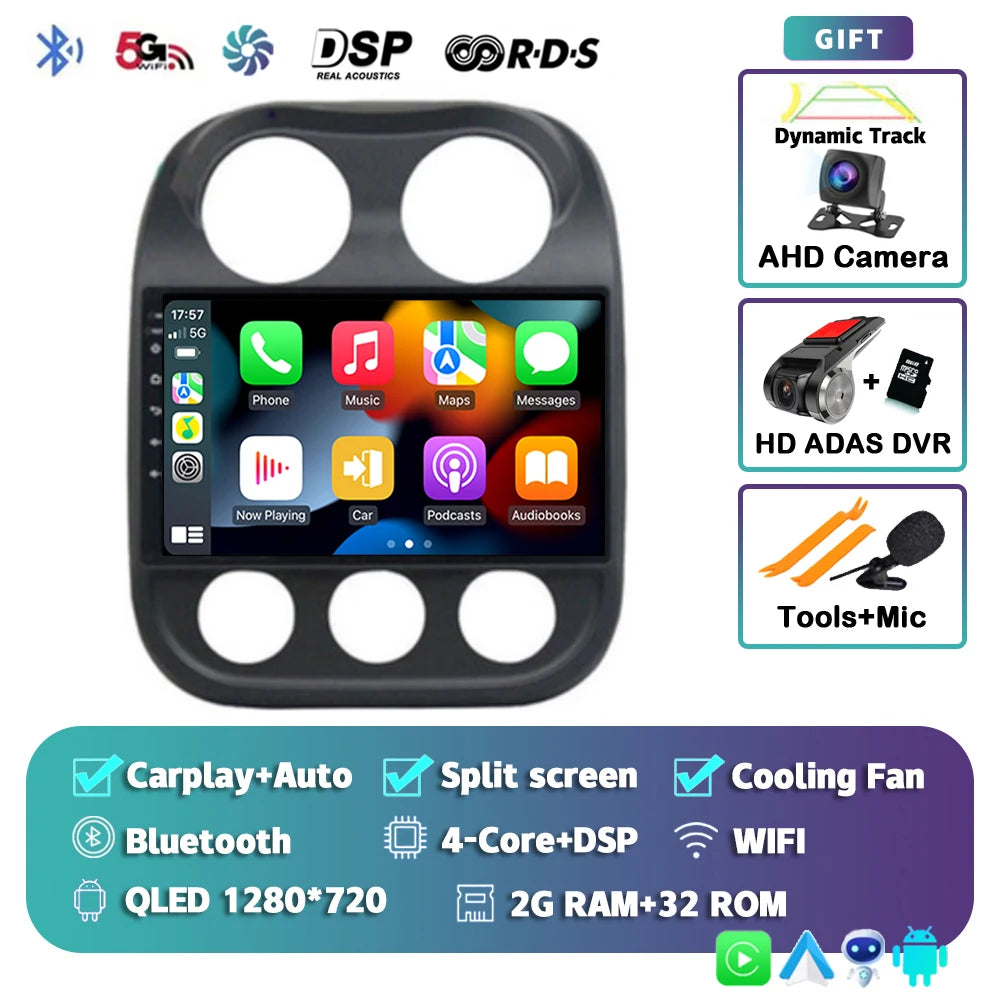 Android 14 For Jeep Compass Patriot 2010- 2016 2K QLED Android Car Radio Multimedia Video Player GPS AI Voice CarPlay Head Unit