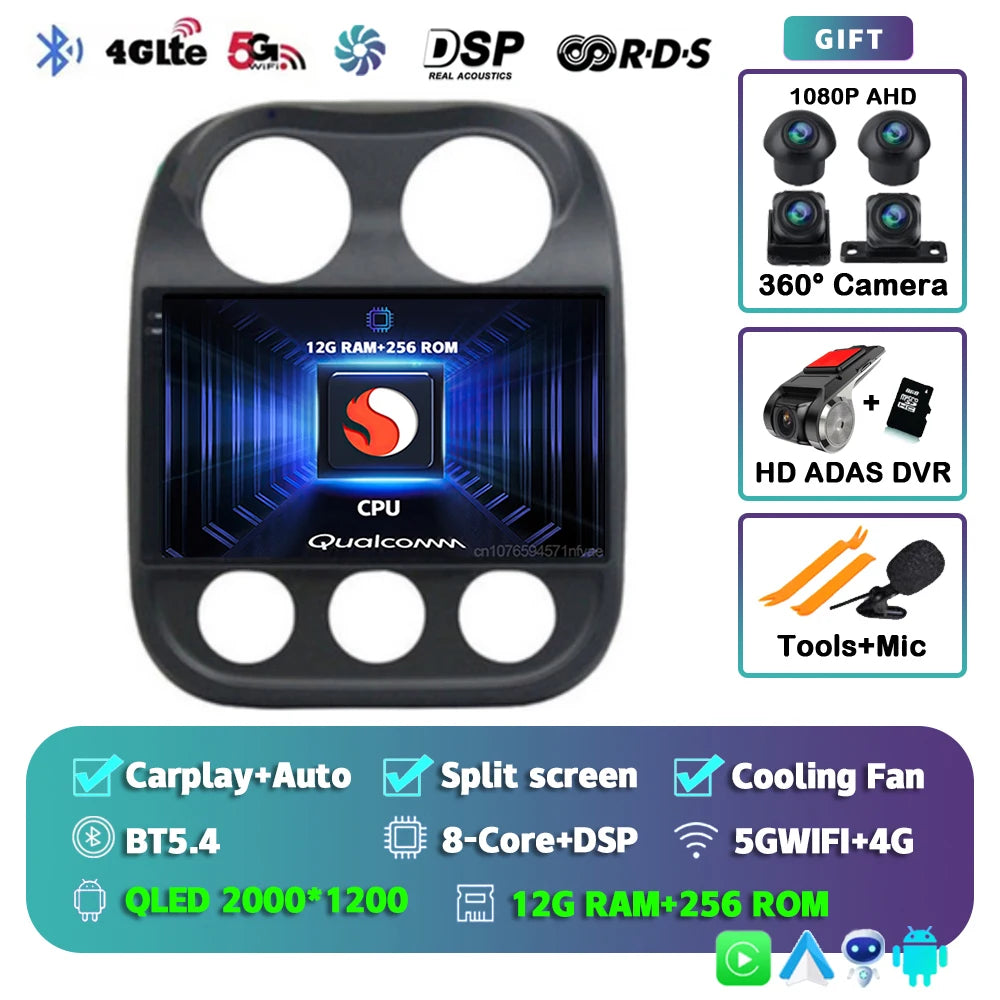 Android 14 For Jeep Compass Patriot 2010- 2016 2K QLED Android Car Radio Multimedia Video Player GPS AI Voice CarPlay Head Unit