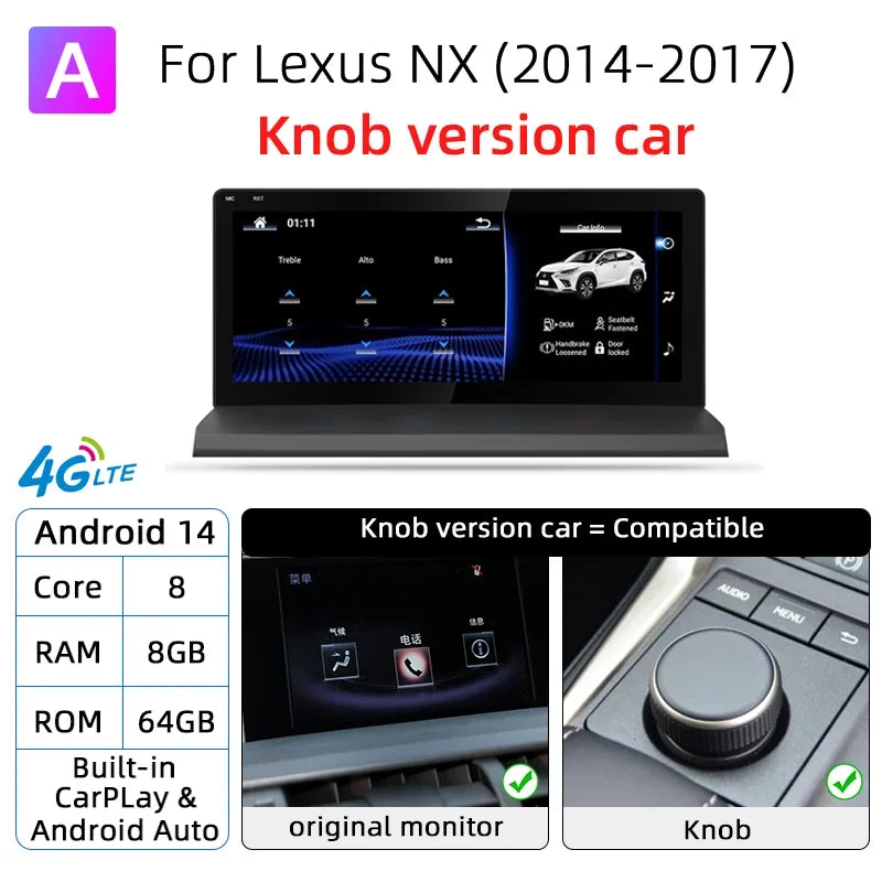 Nunoo Android 14 CarPlay Auto Radio For Lexus NX NX200 NX200T NX300h 2014-2021 Multimedia Navigation GPS DSP 4G WiFi