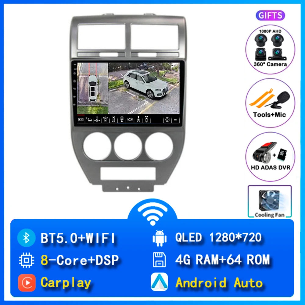 Android 14 Carplay Car Radio For Dodge Caliber Jeep Compass 1 MK Patriot 2006 - 2010 Navigation GPS Video Player wifi+4G Stereo
