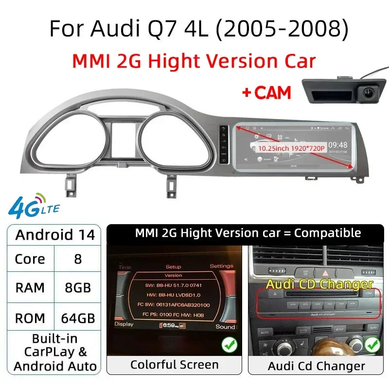For Audi Q7 4L 2005-2015 MMI Android 14 Wireless CarPlay GPS Car Intelligent Multimedia Player Navigation Auto Radio Stereo DSP