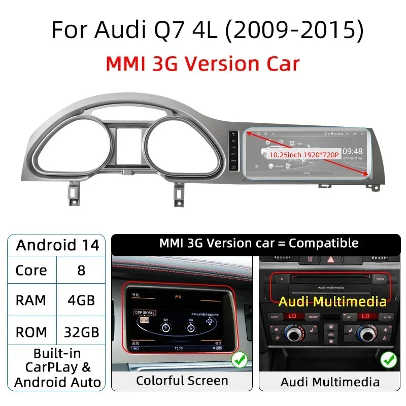 For Audi Q7 4L 2005-2015 MMI Android 14 Wireless CarPlay GPS Car Intelligent Multimedia Player Navigation Auto Radio Stereo DSP