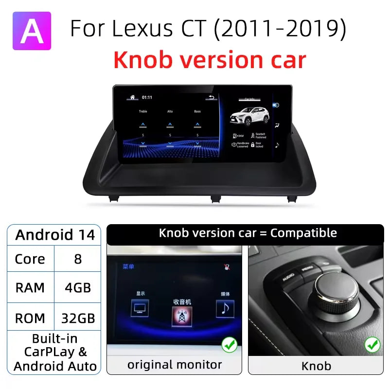 Nunoo Android 14 Car Radio CarPlay Screen For Lexus CT CT200 CT200h 2012-2020 GPS Navigation Snapdragon 8+128G Multimedia Player