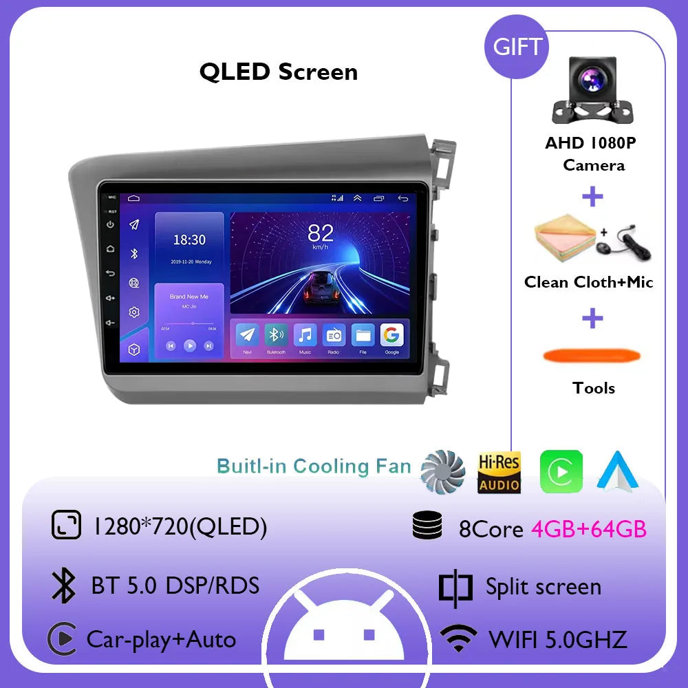 9" Android 14 Car Radio For Honda Civic RHD 2012 2013 2014 2015 Multimedia Player Carplay Auto Stereo GPS Navigation Head Unit