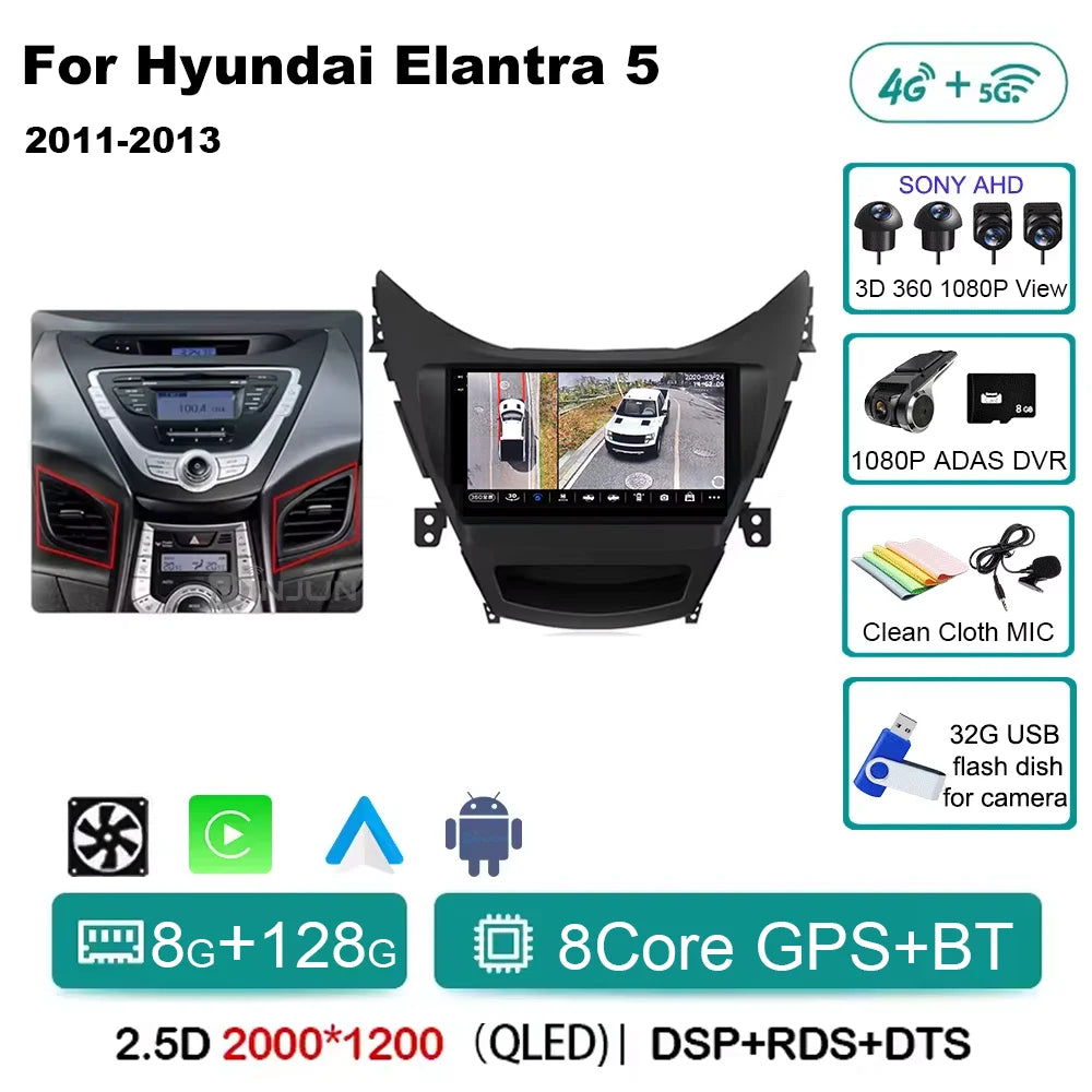 Android 14 Carplay Auto For Hyundai Elantra 5 JK GD MD UD 2011 - 2013 Qualcomm Car Radio Multimedia Video Player Navigation GPS