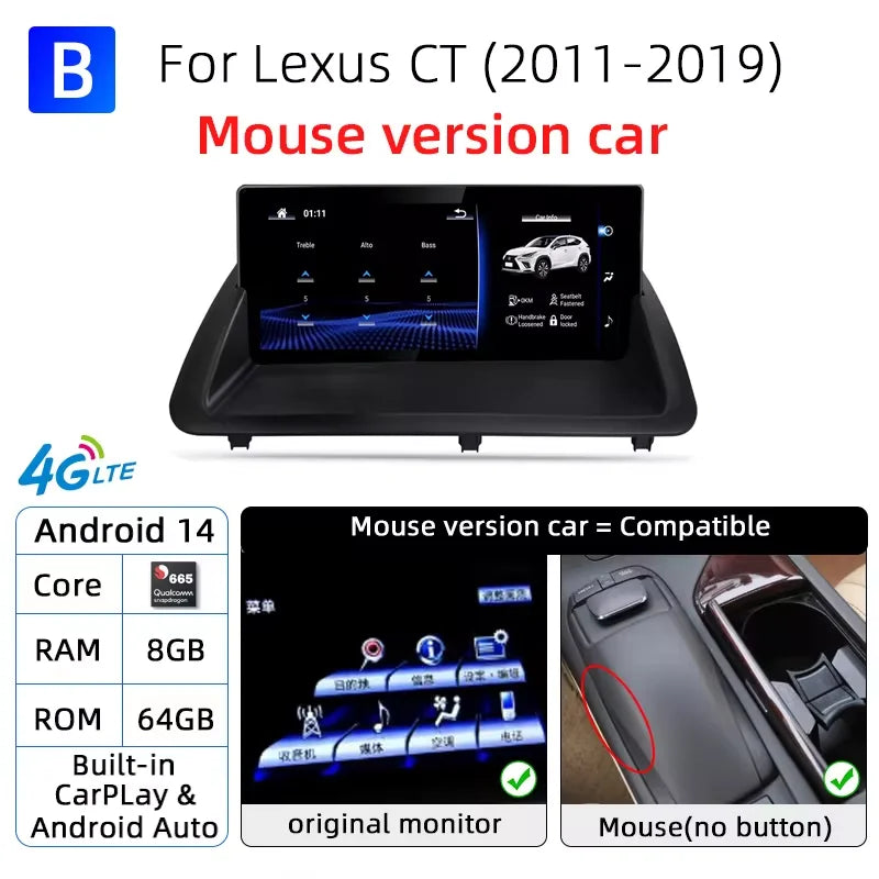 Nunoo Android 14 Car Radio CarPlay Screen For Lexus CT CT200 CT200h 2012-2020 GPS Navigation Snapdragon 8+128G Multimedia Player