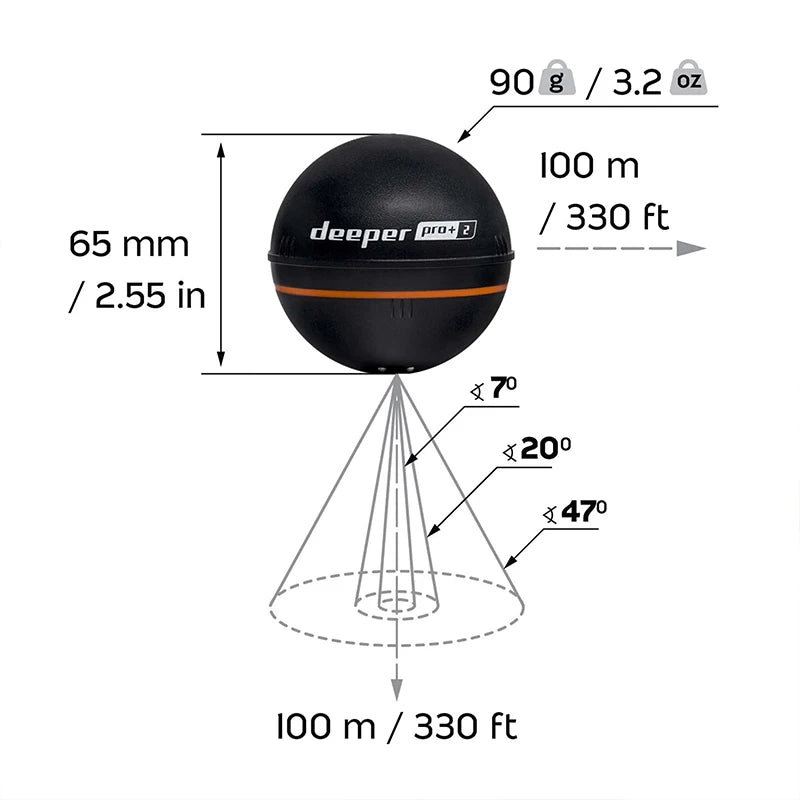 Deeper PRO Plus 2.0 Castable and Portable WiFi Fish Finder Depth Finder for Kayaks Boats on Shore Ice Fishing / Smart Sonar