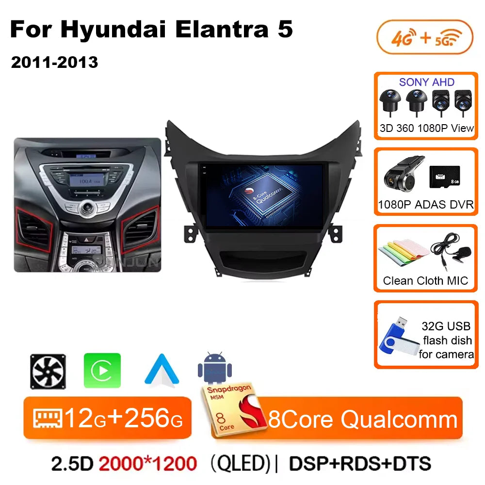 Android 14 Carplay Auto For Hyundai Elantra 5 JK GD MD UD 2011 - 2013 Qualcomm Car Radio Multimedia Video Player Navigation GPS