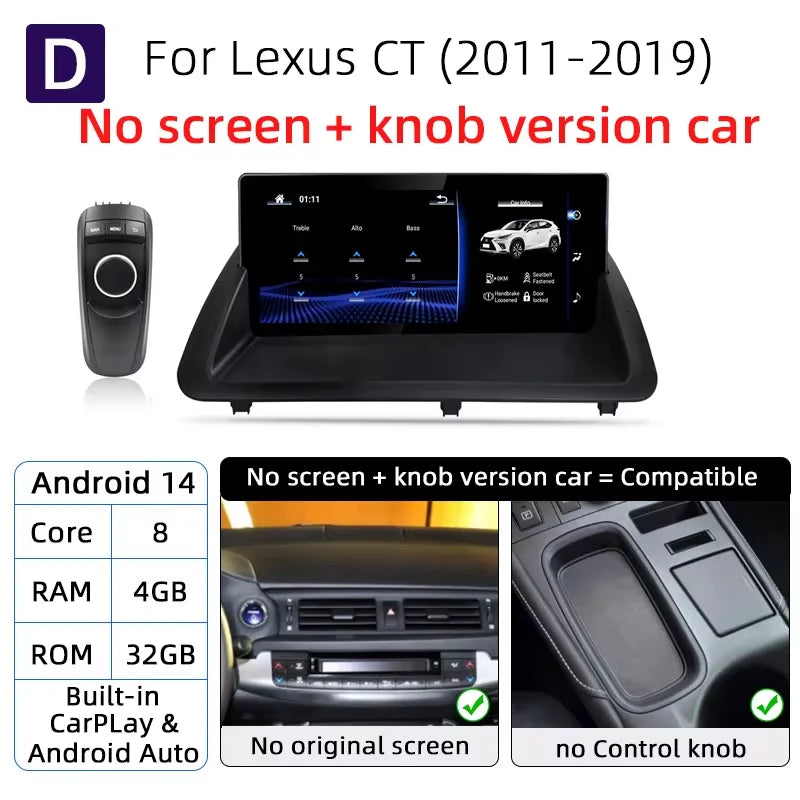 Nunoo Android 14 Car Radio CarPlay Screen For Lexus CT CT200 CT200h 2012-2020 GPS Navigation Snapdragon 8+128G Multimedia Player