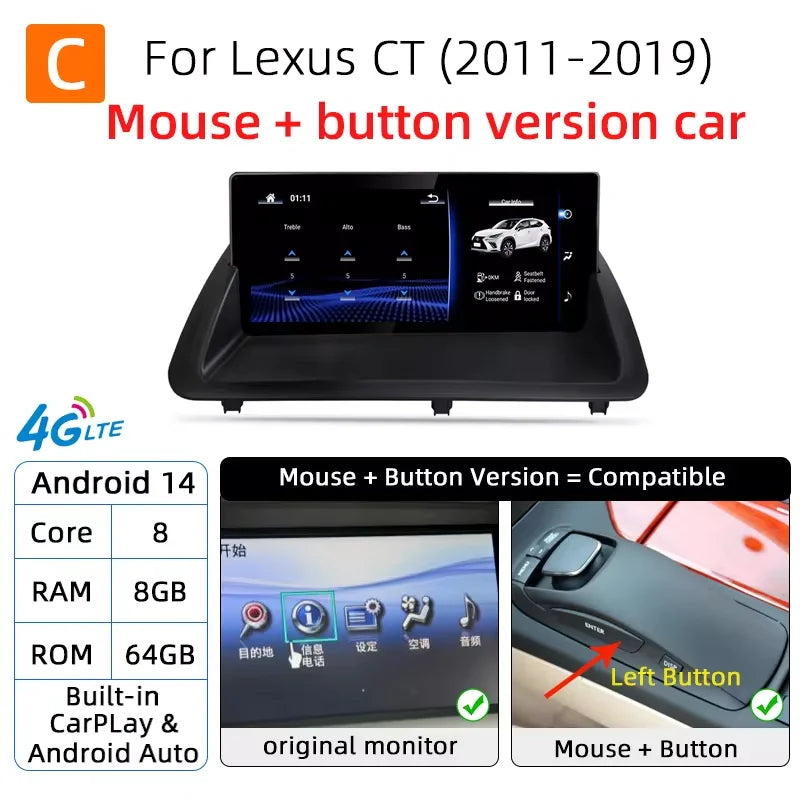 Nunoo Android 14 Car Radio CarPlay Screen For Lexus CT CT200 CT200h 2012-2020 GPS Navigation Snapdragon 8+128G Multimedia Player