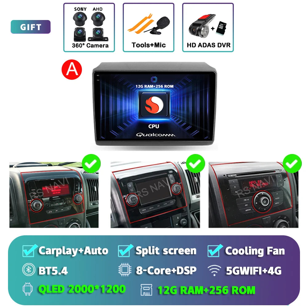 Android 14 Car Radio Carplay Auto GPS Navigation Multimedia Player For Fiat Ducato 2007 - 2015 video Stereo DVD 2 DIN Wifi+4G BT
