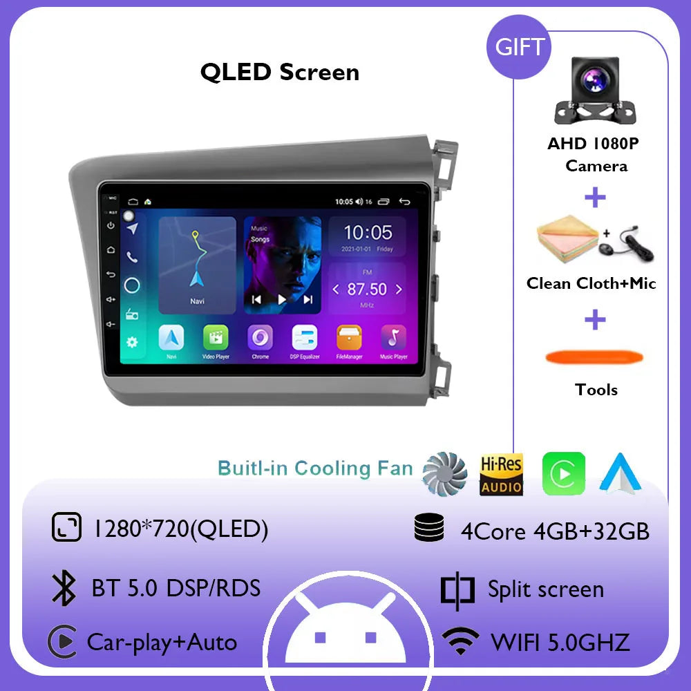 9" Android 14 Car Radio For Honda Civic RHD 2012 2013 2014 2015 Multimedia Player Carplay Auto Stereo GPS Navigation Head Unit