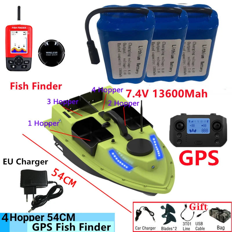 99GPS Smart Cruise Sonar Fish Finder High Speed RC Fishing Boat 4Hopper 600M 3KG Waterproof Lighting Remote Control RC Bait Boat