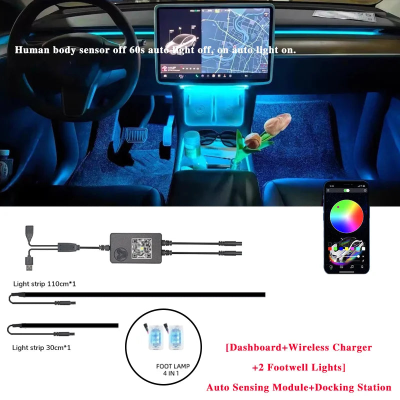 For Tesla Model 3 Y RGB Center Console Dashboard Wireless Charging Neon LED Light Strip Musical Rhythm USB Power APP Control
