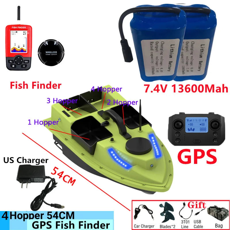 99GPS Smart Cruise Sonar Fish Finder High Speed RC Fishing Boat 4Hopper 600M 3KG Waterproof Lighting Remote Control RC Bait Boat