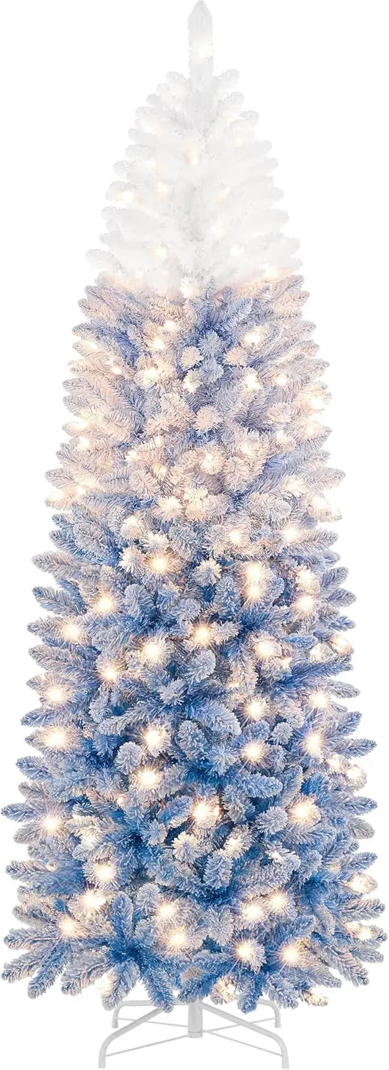 Snowflake Plush Pencil Christmas Tree with 350 Incandescent Warm White Lights, 7.5-foot Pre Installed Branches, 1086