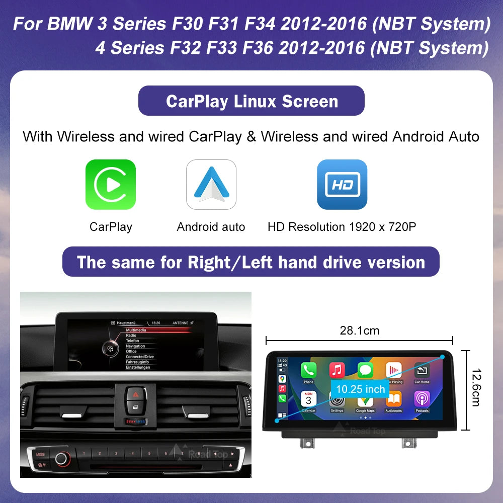 1920*720 Multimedia Touch Screen For BMW 1/2/3/4 Series F20/F21/F22/F30/F31/F33/F34/F36 Android Auto NBT System Wireless Carplay