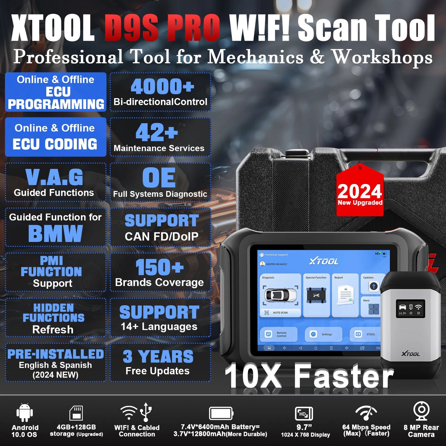 2025 XTOOL D9S Pro Car Diagnostic Tools ECU Coding Programming Bi-Directional Key Programmer Topology Map CAN FD DoIP 42 Resets