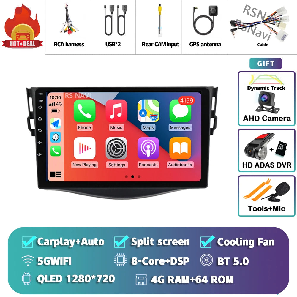 Android 14 Carplay Car Radio Multimedia For Toyota RAV4 Rav 4 2005 - 2013 navigation video DVD Autoradio Stereo 2din 4G+BT GPS