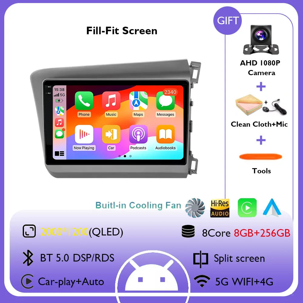 9" Android 14 Car Radio For Honda Civic RHD 2012 2013 2014 2015 Multimedia Player Carplay Auto Stereo GPS Navigation Head Unit