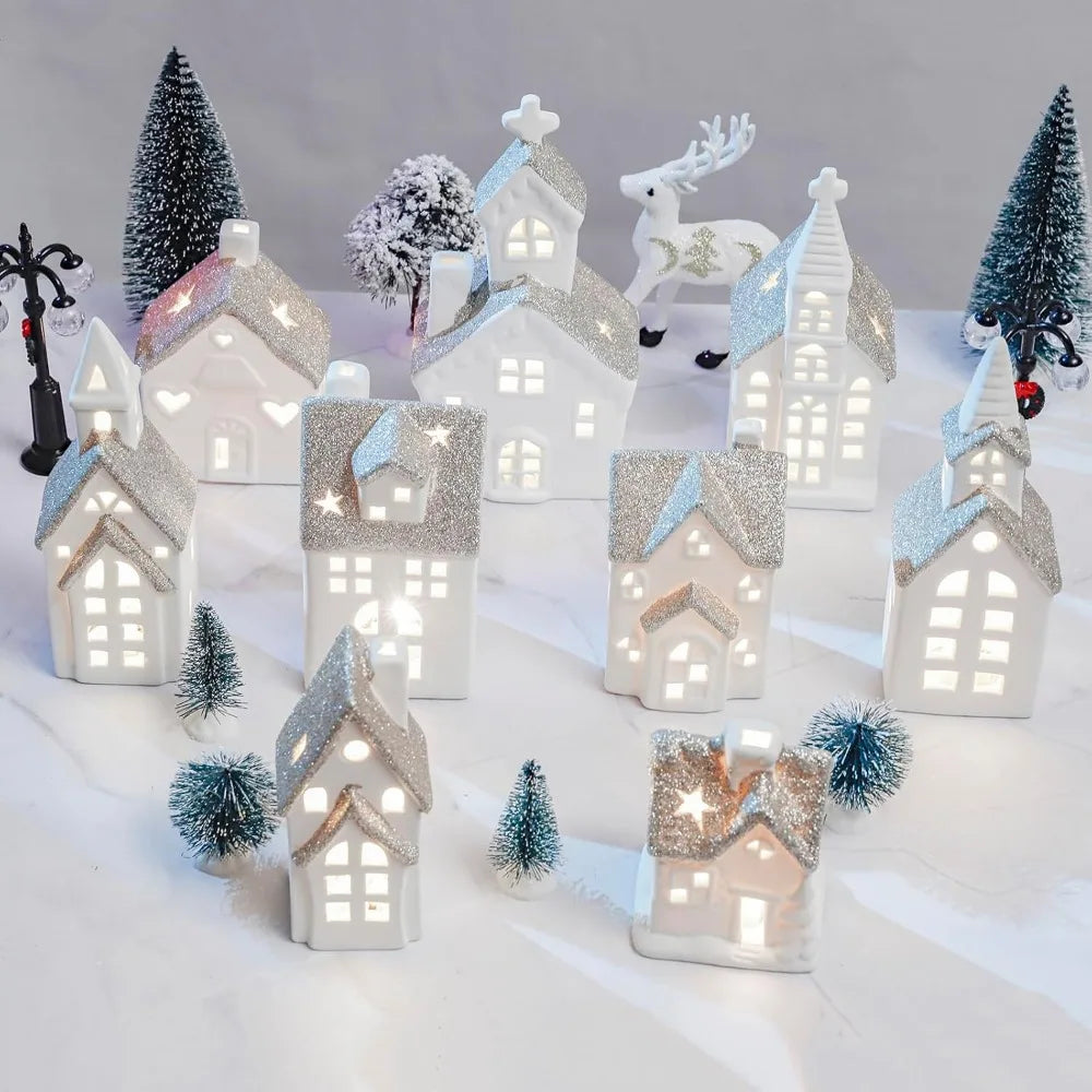 28 Piece Ceramic Christmas Village Set, 9 White Christmas Houses, 17 Snow Trees, 2 Retro Christmas Decorations with Lights
