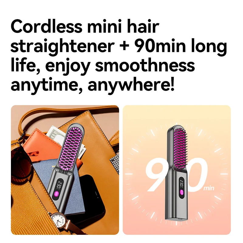 Portable Travel Thermostatic Hot Comb Hair Straightener Ceramic Heated USB Charging Fast Heating Brush Straightening Comb Curler